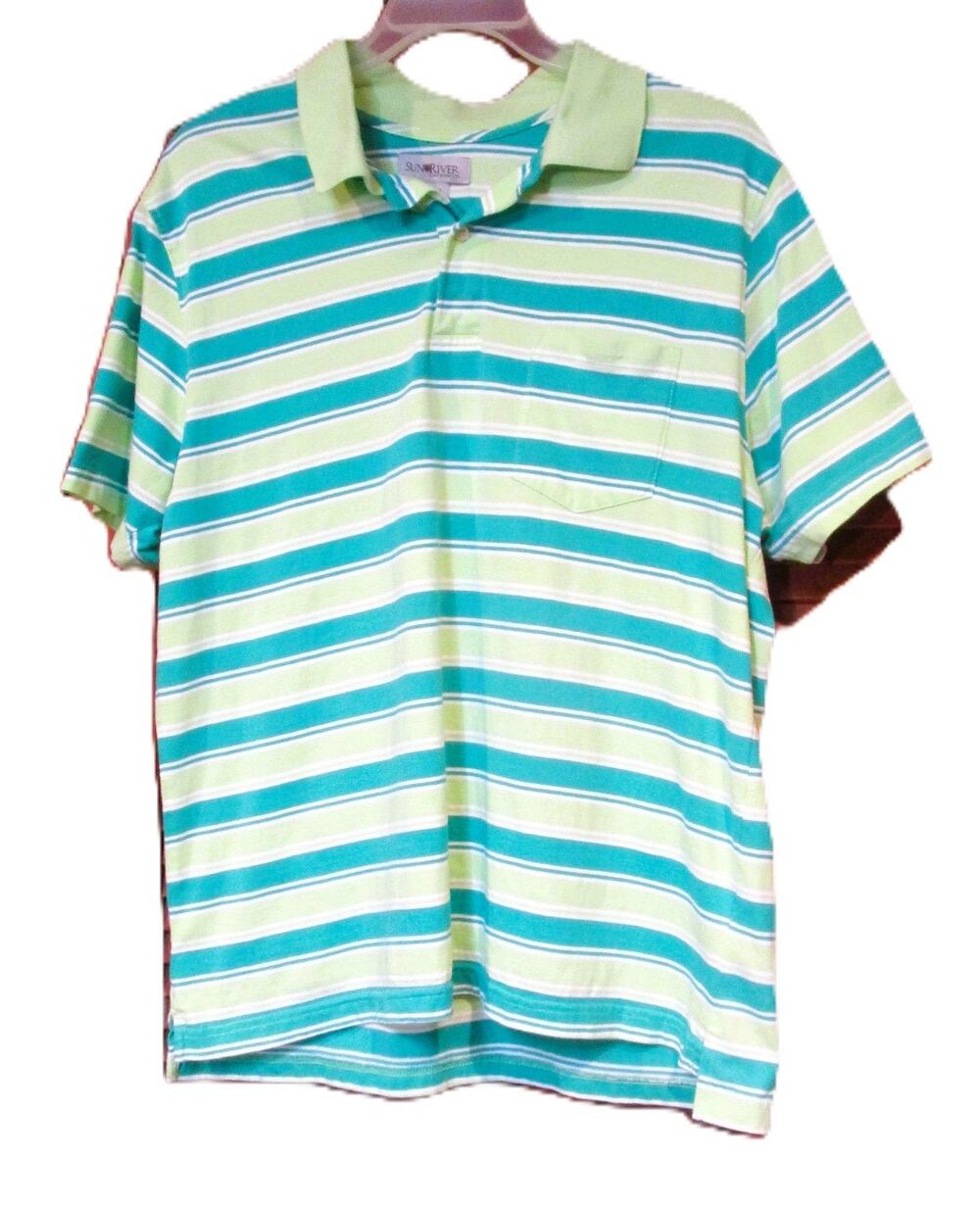 Sun River Men's Green Striped Polo Shirt Size XL Cotton Blend Casual Preppy